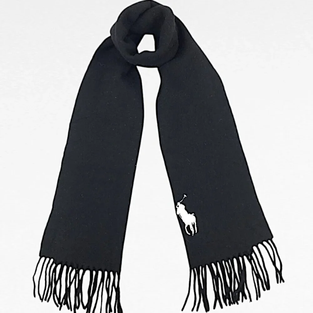 Polo Ralph Lauren 100% Lambswool Black Scarf w/White Pony Made in Italy WITH TAG